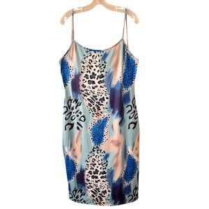 Womens Abstract Animal Print Slip Dress Blue Teal XXL Spaghetti Strap Bodycon